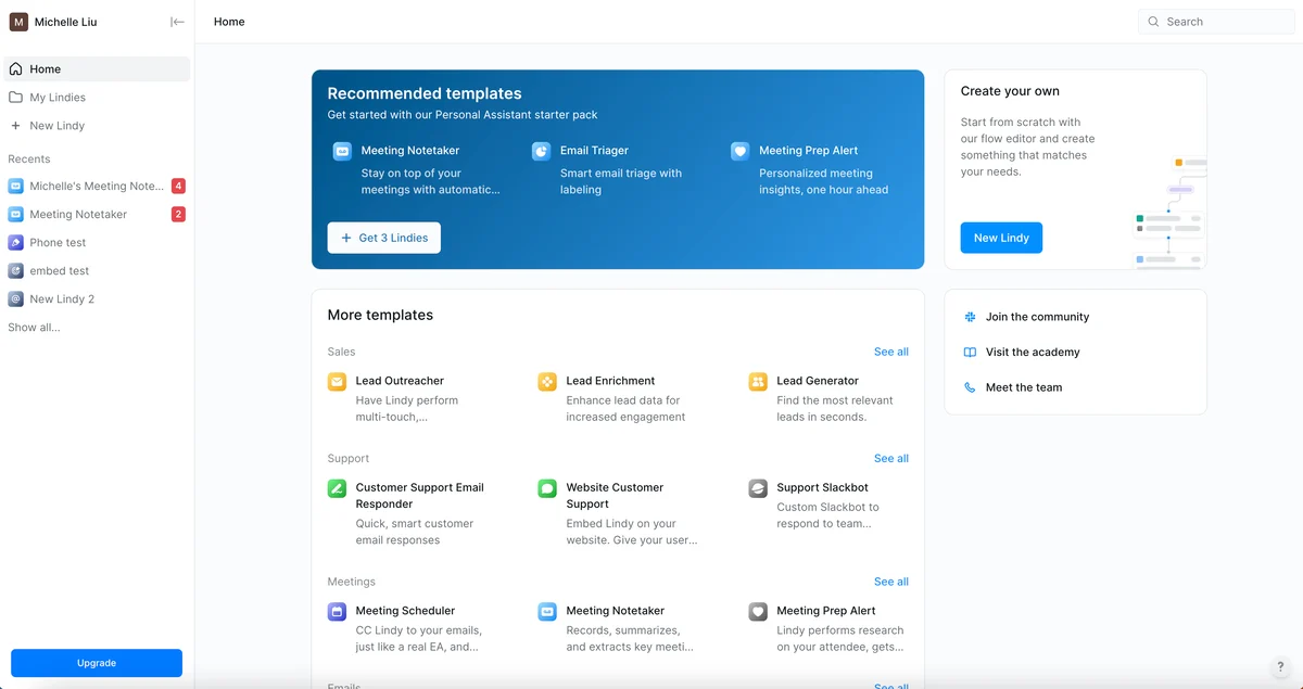 Lindy's app home screen showing AI agents for email, meetings and scheduling, as shown on G2