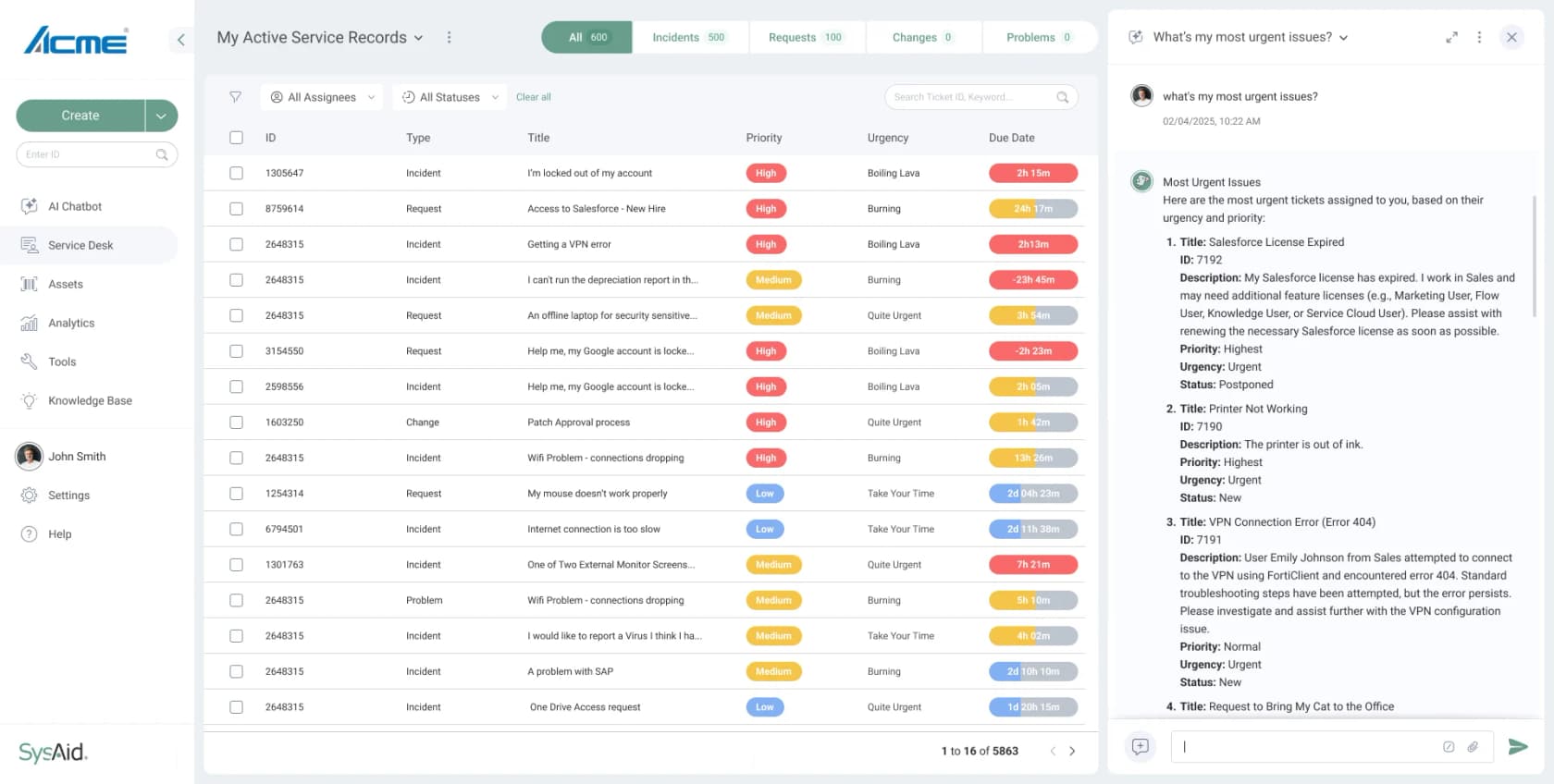 SysAid service records queue with priority and SLA columns alongside an AI chatbot panel answering a most-urgent-issues query