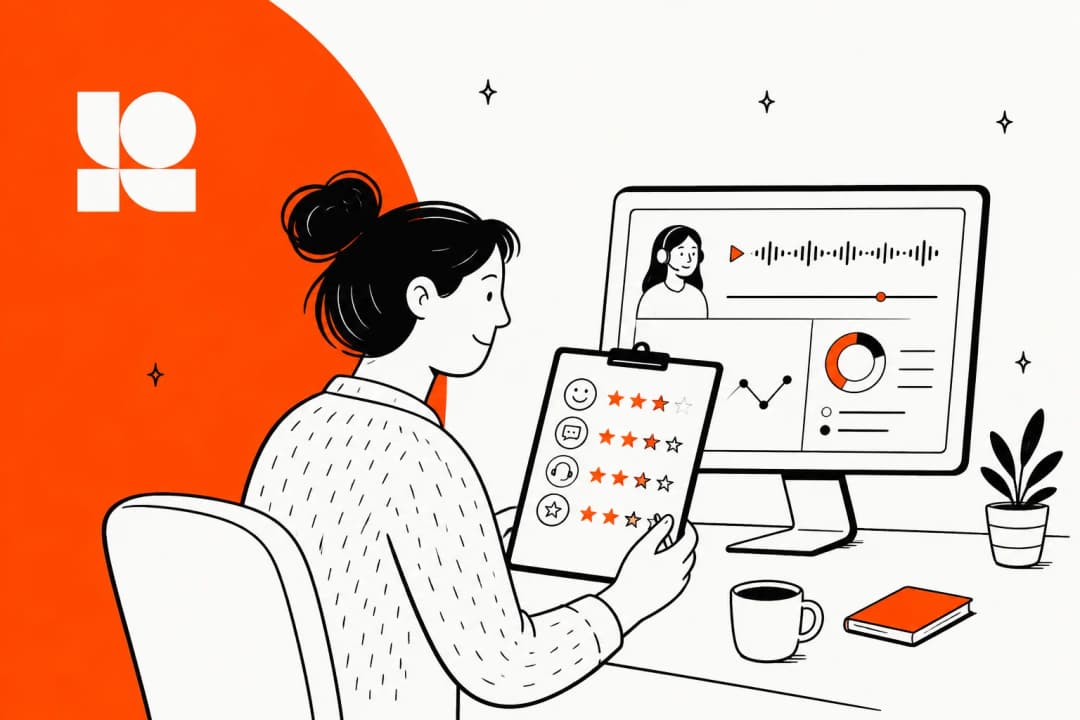 Hand-drawn illustration of a QA reviewer holding a star-rated scorecard while a monitor plays a call recording with a waveform and charts, for a Level AI review
