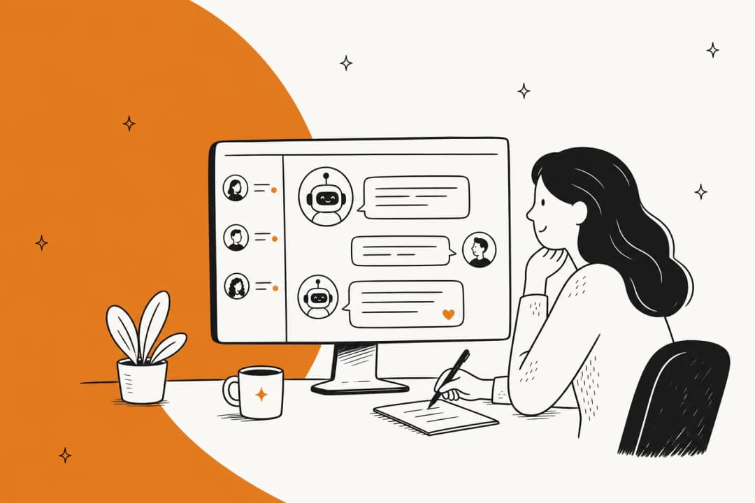 Illustration of a support agent watching an AI bot answer customer conversations inside a helpdesk inbox