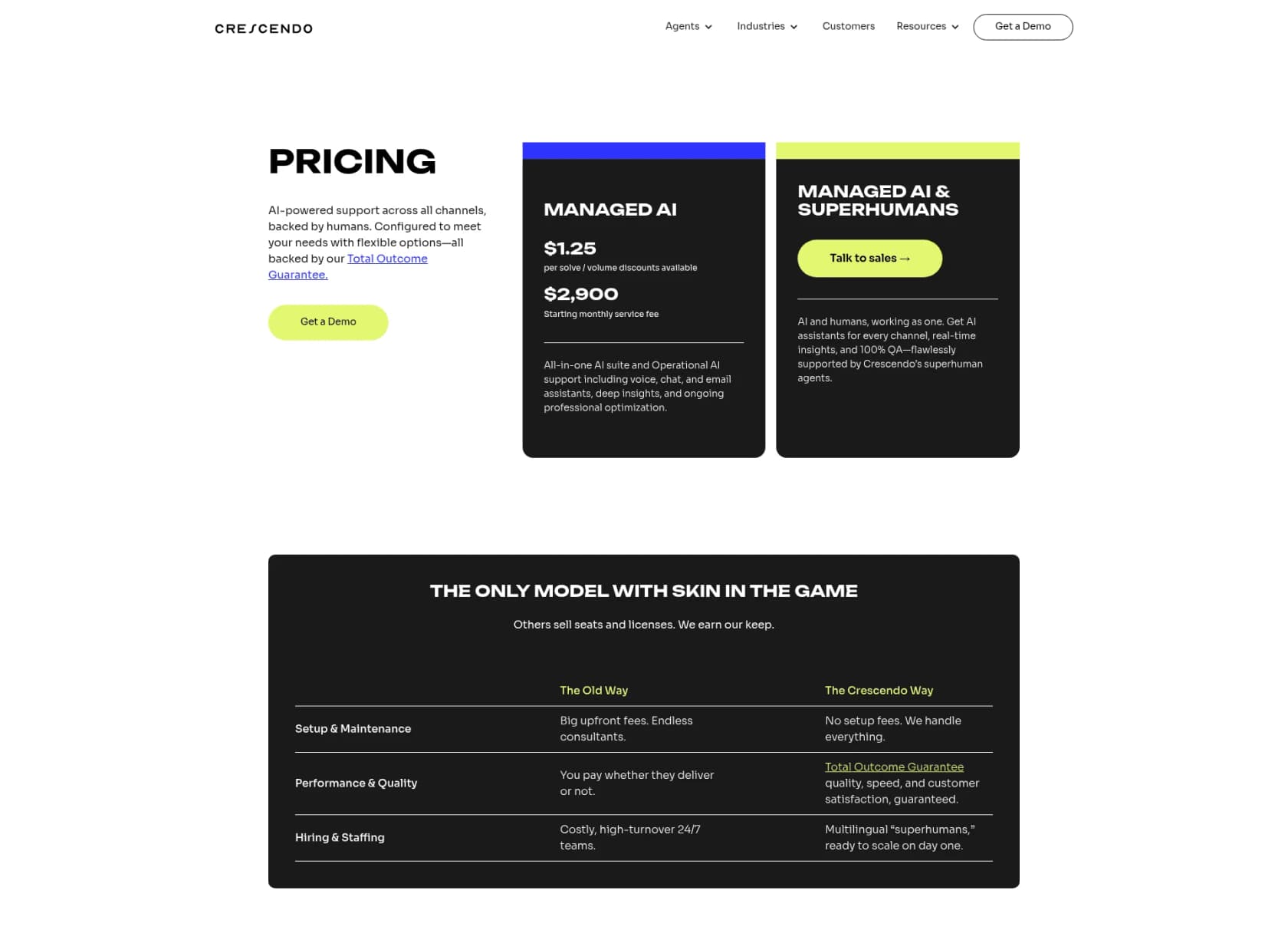The Crescendo pricing page as captured in August 2026 showing the Managed AI card at $1.25 per solve with a $2,900 starting monthly service fee, as taken from Crescendo