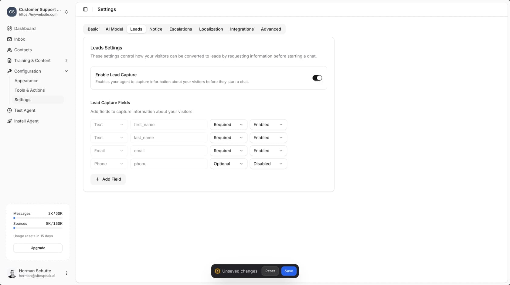 SiteSpeak Leads settings with Enable Lead Capture turned on and custom fields for first name, last name, email and phone, as taken from SiteSpeak's docs