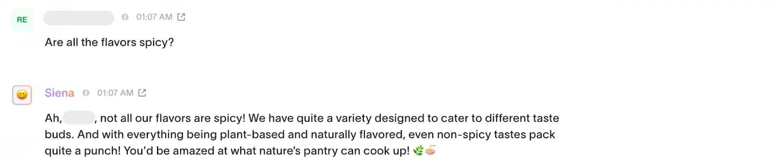 A Siena conversation answering a flavor question in a warm, on-brand voice, as taken from Siena