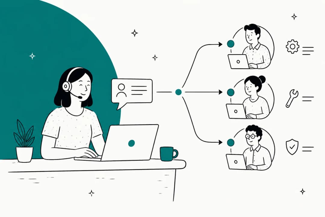 Illustration of an internal IT help desk handling employee requests across support tiers