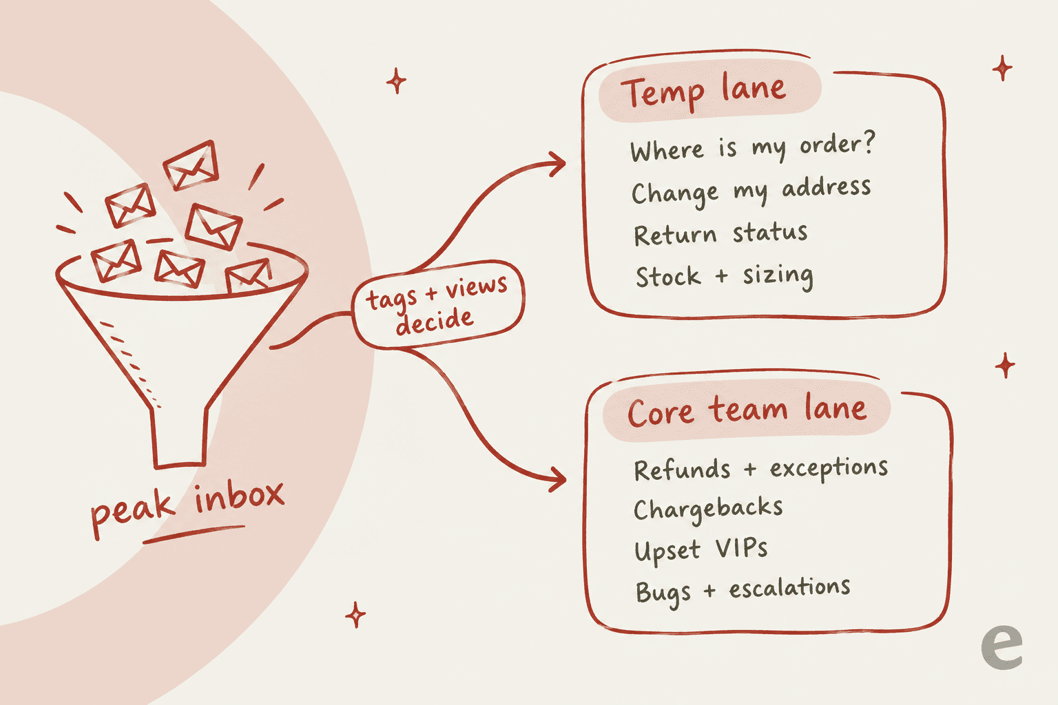 A funnel labelled peak inbox splitting into a temp lane with where is my order, change my address, return status, and stock and sizing, and a core team lane with refunds and exceptions, chargebacks, upset VIPs, and bugs and escalations
