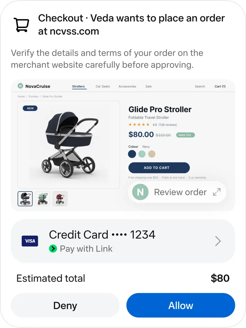 Muse's checkout approval screen, where the agent pauses and asks the user to confirm a purchase paid with Link, as shown on Meta's Muse introduction page