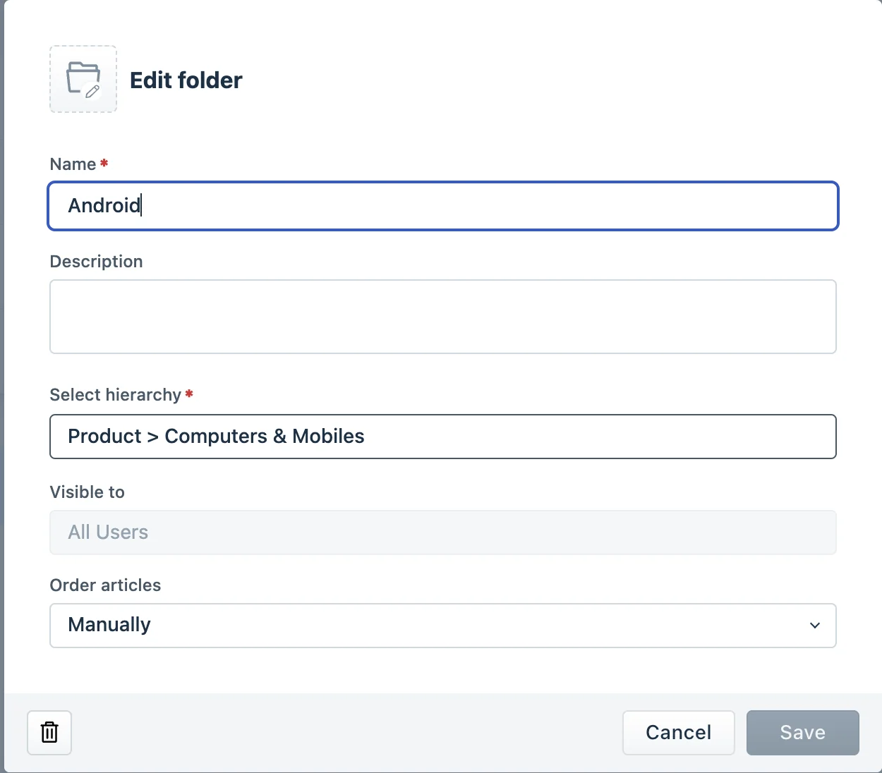Selecting a parent hierarchy when creating a nested sub-folder, as taken from Freshdesk docs