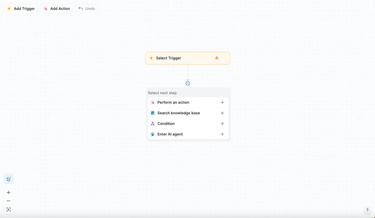 Lindy's no-code agent builder, choosing a trigger and next step on the canvas
