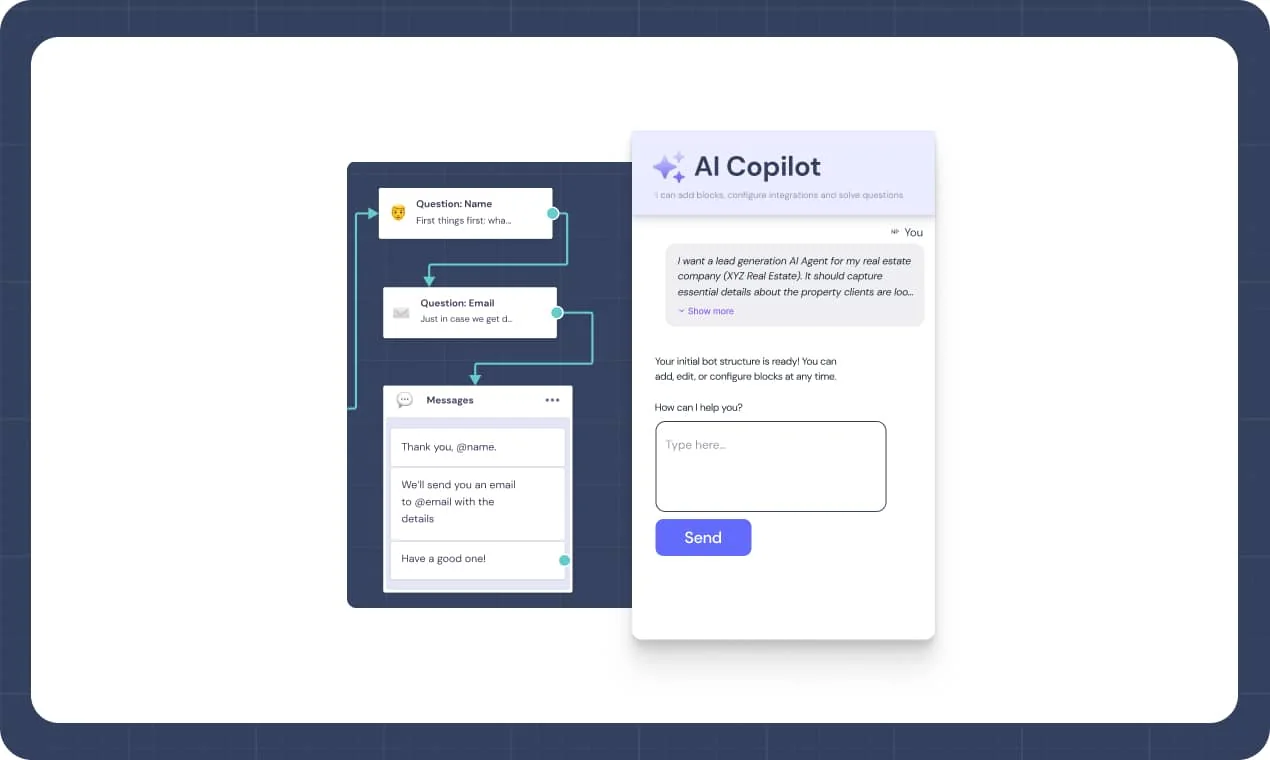 Landbot AI Copilot panel next to a generated flow with name and email questions, as shown in the Landbot 4 announcement