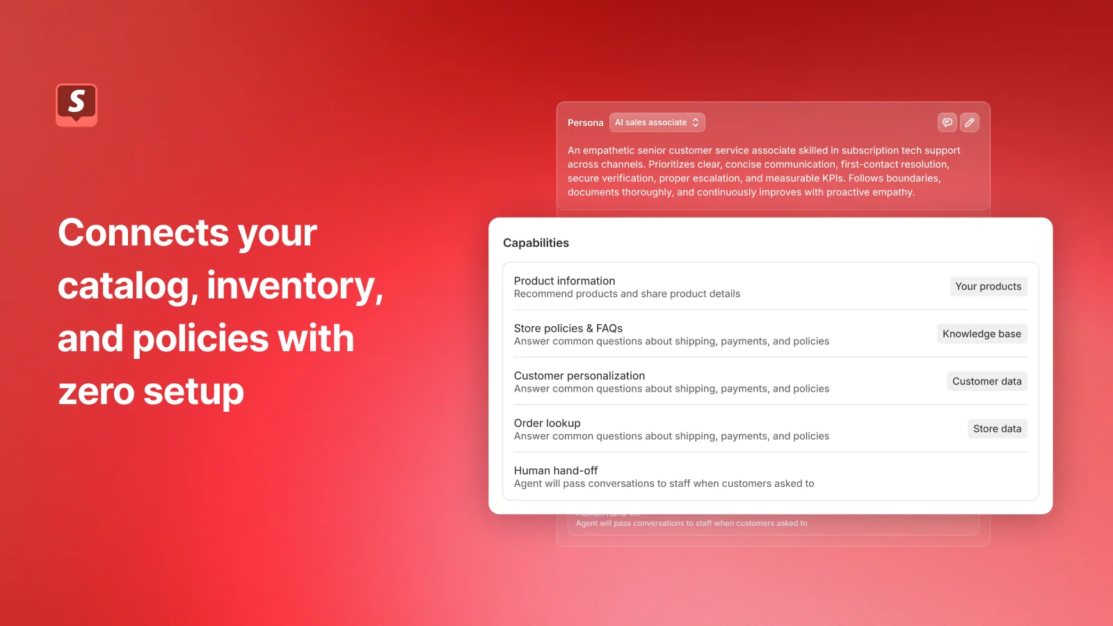The Inbox agent's capability list, covering product information, store policies and FAQs, customer personalization, order lookup, and human hand-off, as taken from Shopify