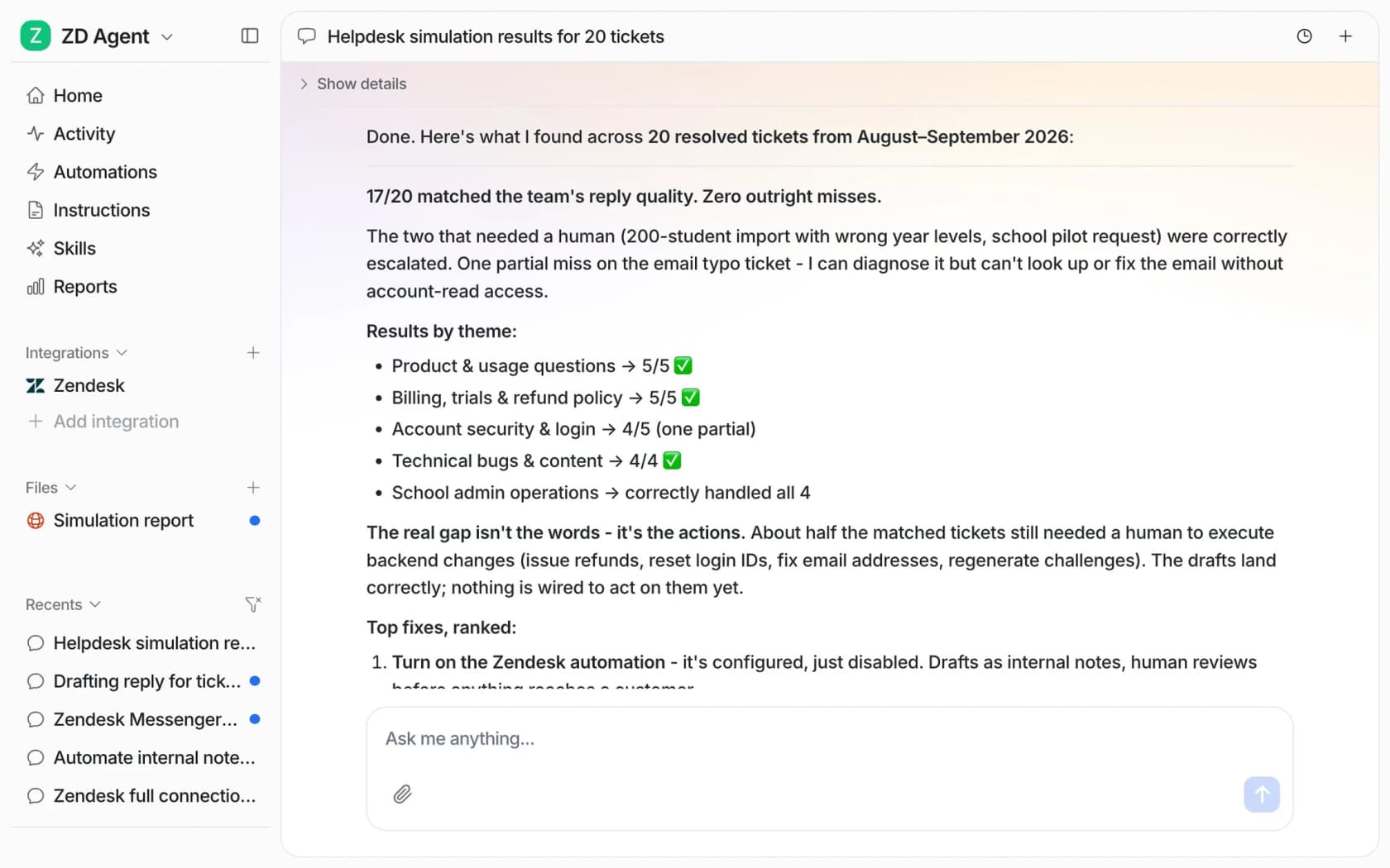 eesel helpdesk simulation results for 20 tickets showing 17 of 20 matched the team's reply quality, results by theme and ranked fixes, from eesel's docs