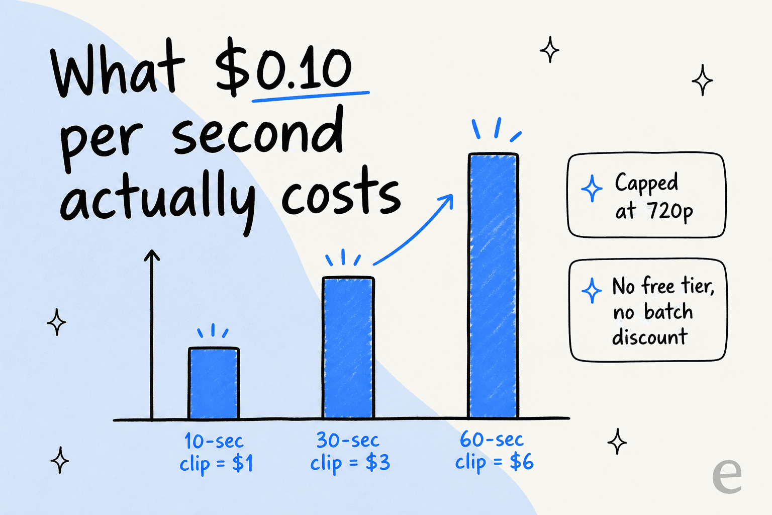 What $0.10 per second actually costs: a 10-second clip is about $1, a 60-second clip about $6, capped at 720p with no free tier