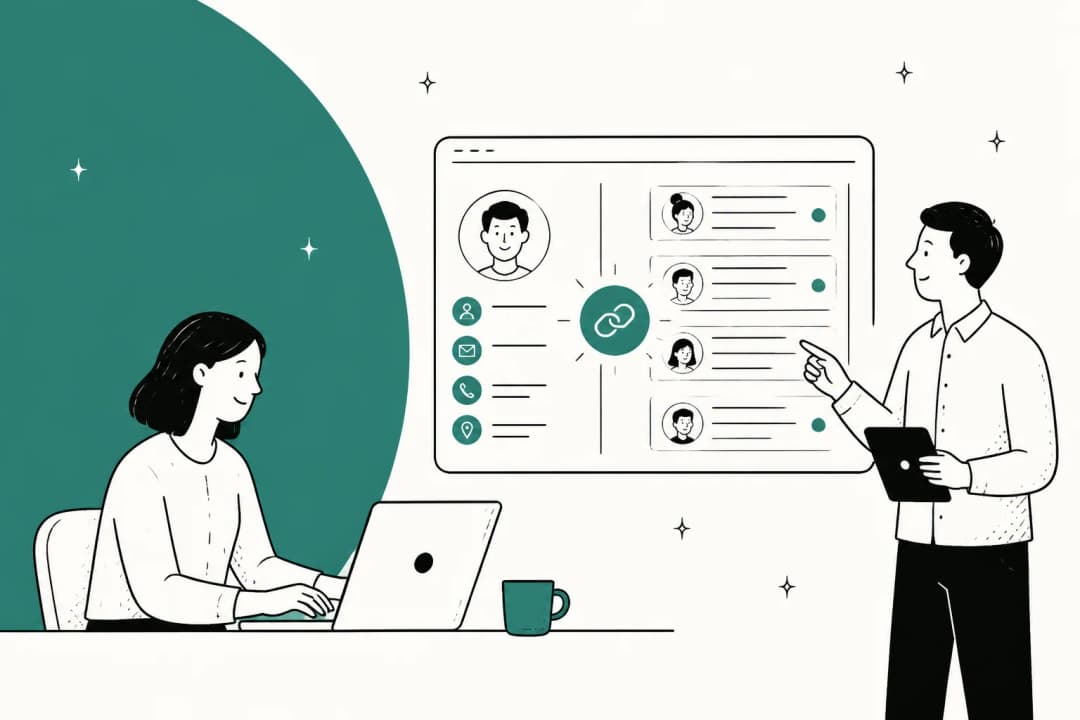 Illustrated banner for a 2026 guide to customer service CRM software, showing customer records and support tickets in one system