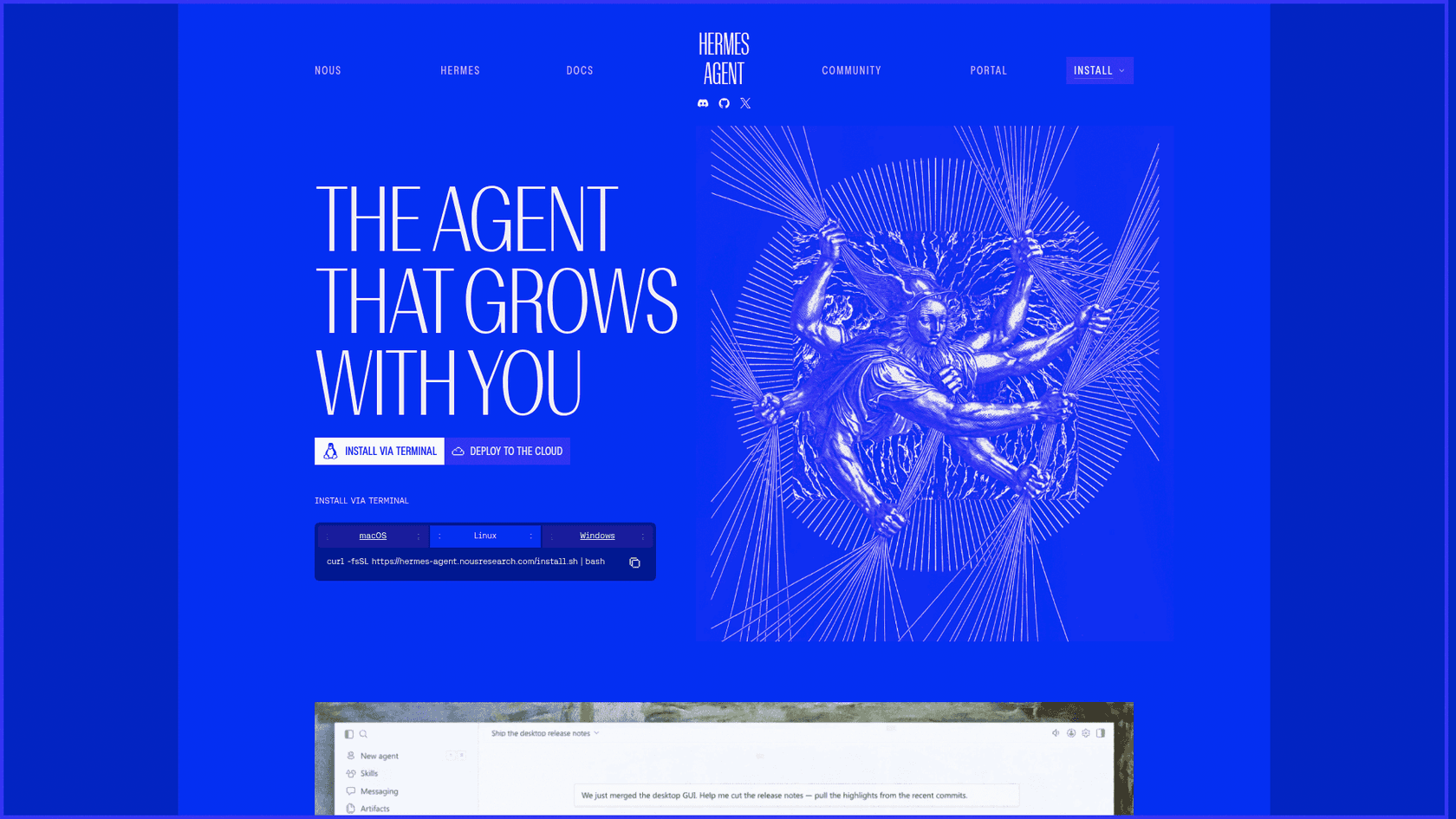 Hermes Agent homepage with the headline "The agent that grows with you" and a terminal install command, as taken from Hermes Agent