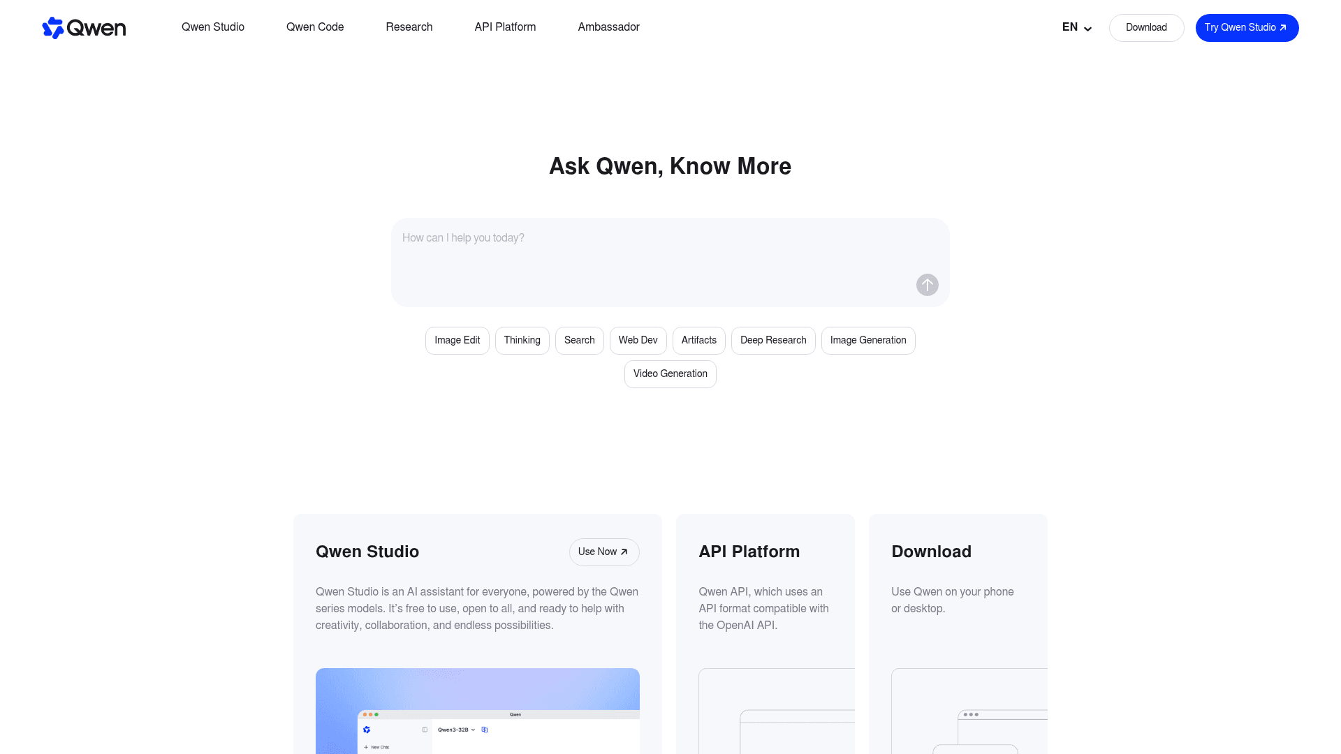 Qwen's landing page showing Qwen Studio, Qwen Code, and the API Platform
