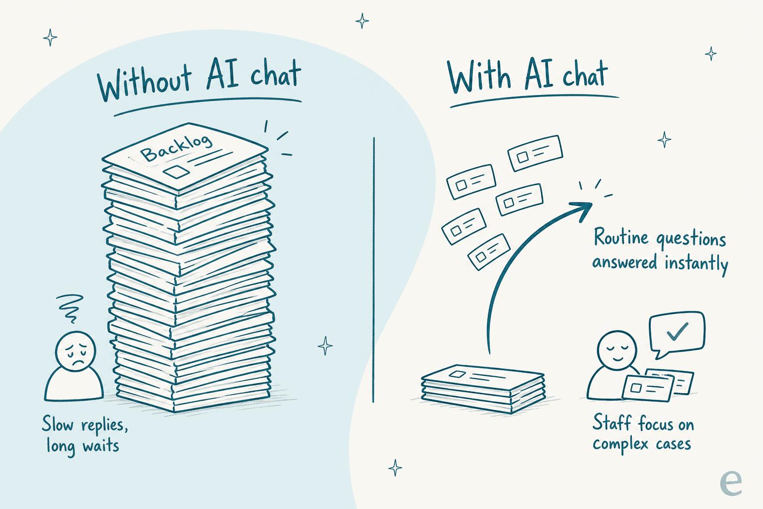 Before and after comparison showing an AI chatbot absorbing a peak enrollment support surge