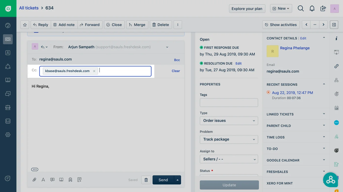 A Freshdesk ticket reply with the kbase@ address in the BCC field, as taken from Freshdesk docs