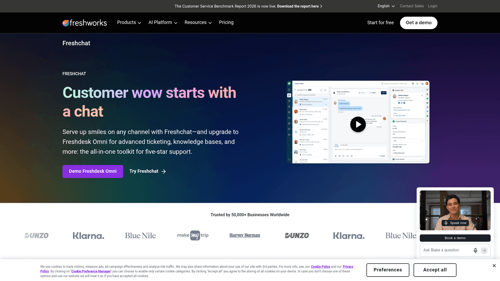 Freshchat homepage with the "Customer wow starts with a chat" headline, as taken from Freshworks