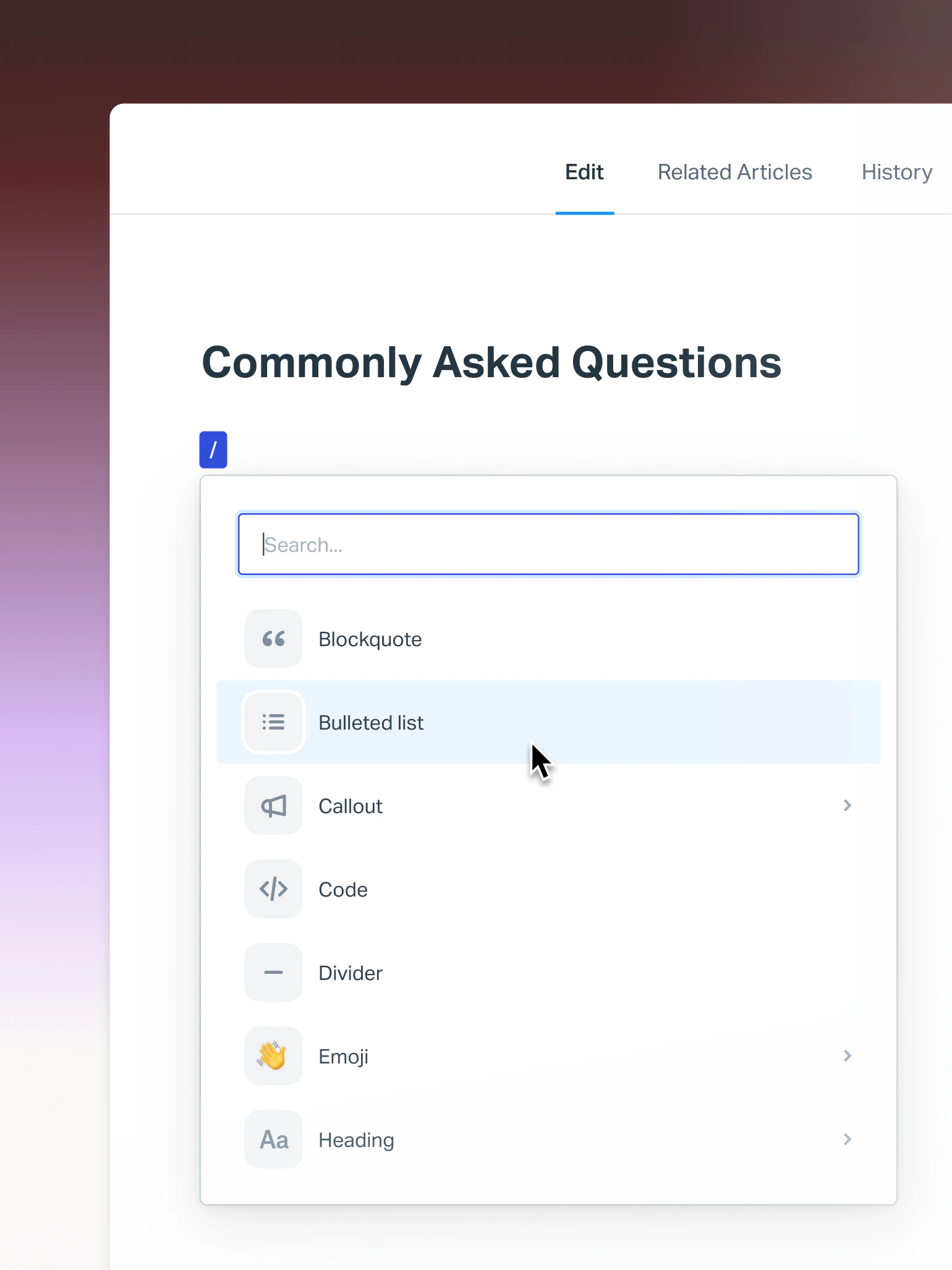 Help Scout Docs article editor with the slash command menu open