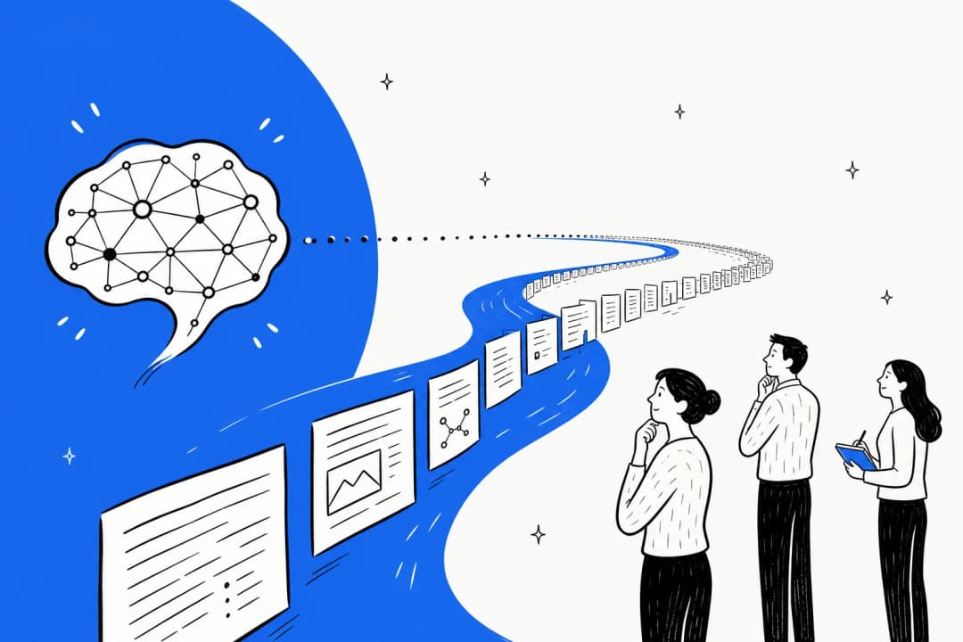 Editorial illustration of a large language model reasoning over a long stream of documents