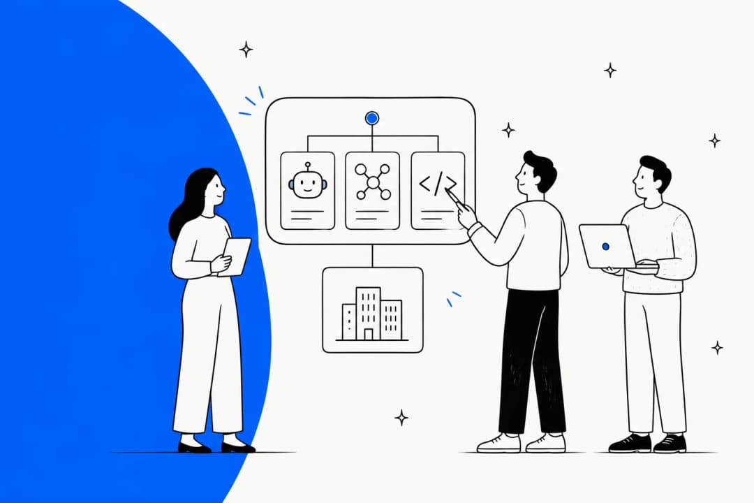 Illustration of a team looking at a board where AI agent, model and coding tool cards connect down to a business building