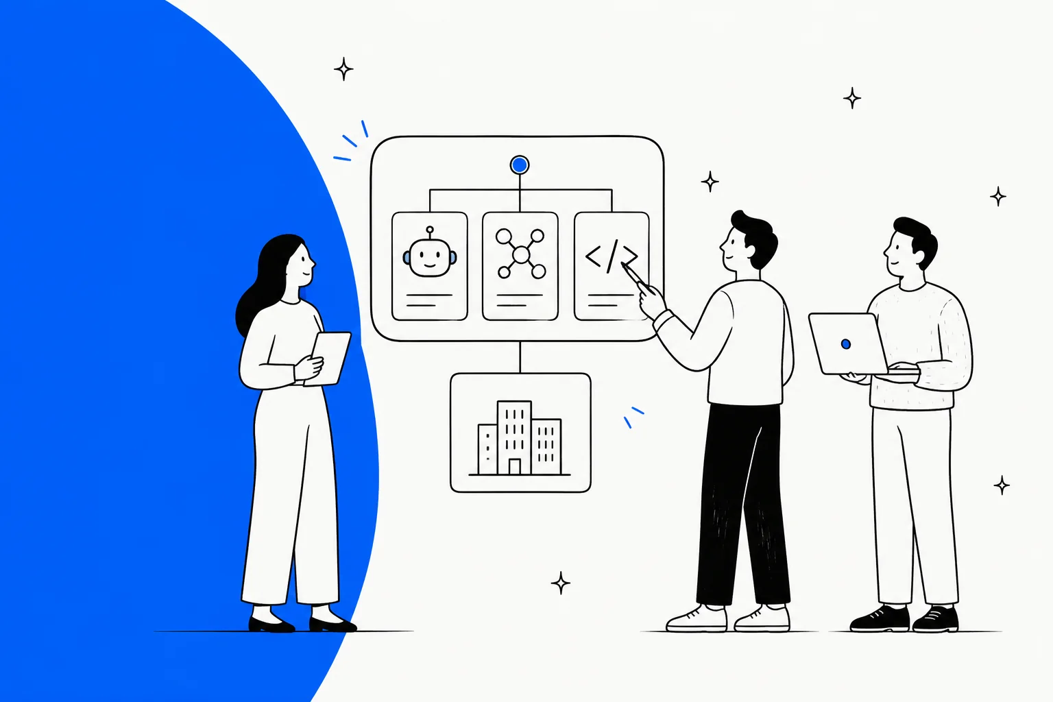 Illustration of a team looking at a board where AI agent, model and coding tool cards connect down to a business building