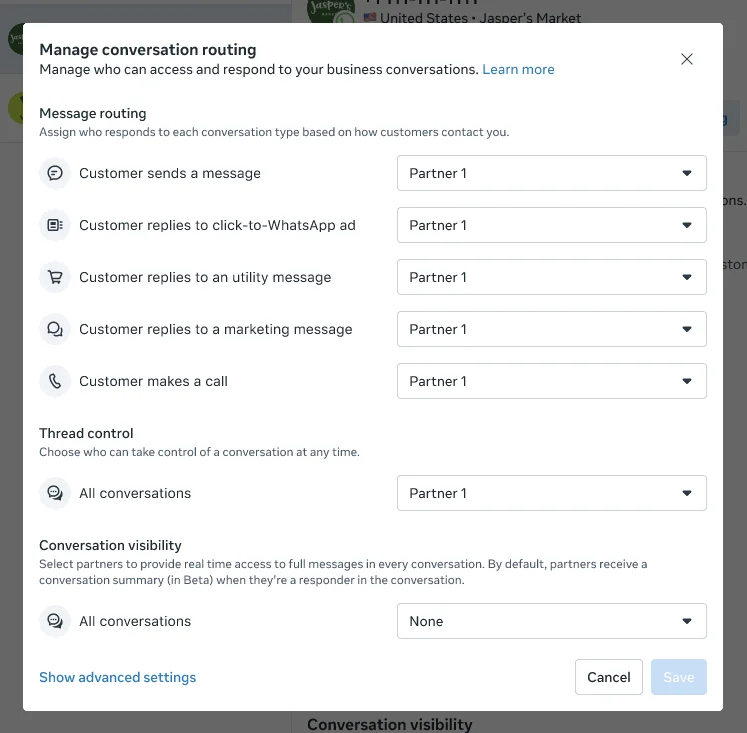 Meta Business Suite's Manage conversation routing dialog with message routing, thread control and conversation visibility settings, as taken from Meta for Developers