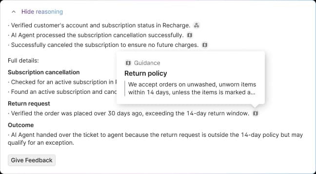 Gorgias Show reasoning panel listing the steps the AI Agent took on a subscription cancellation and return request, with the return policy guidance previewed, as taken from Gorgias docs