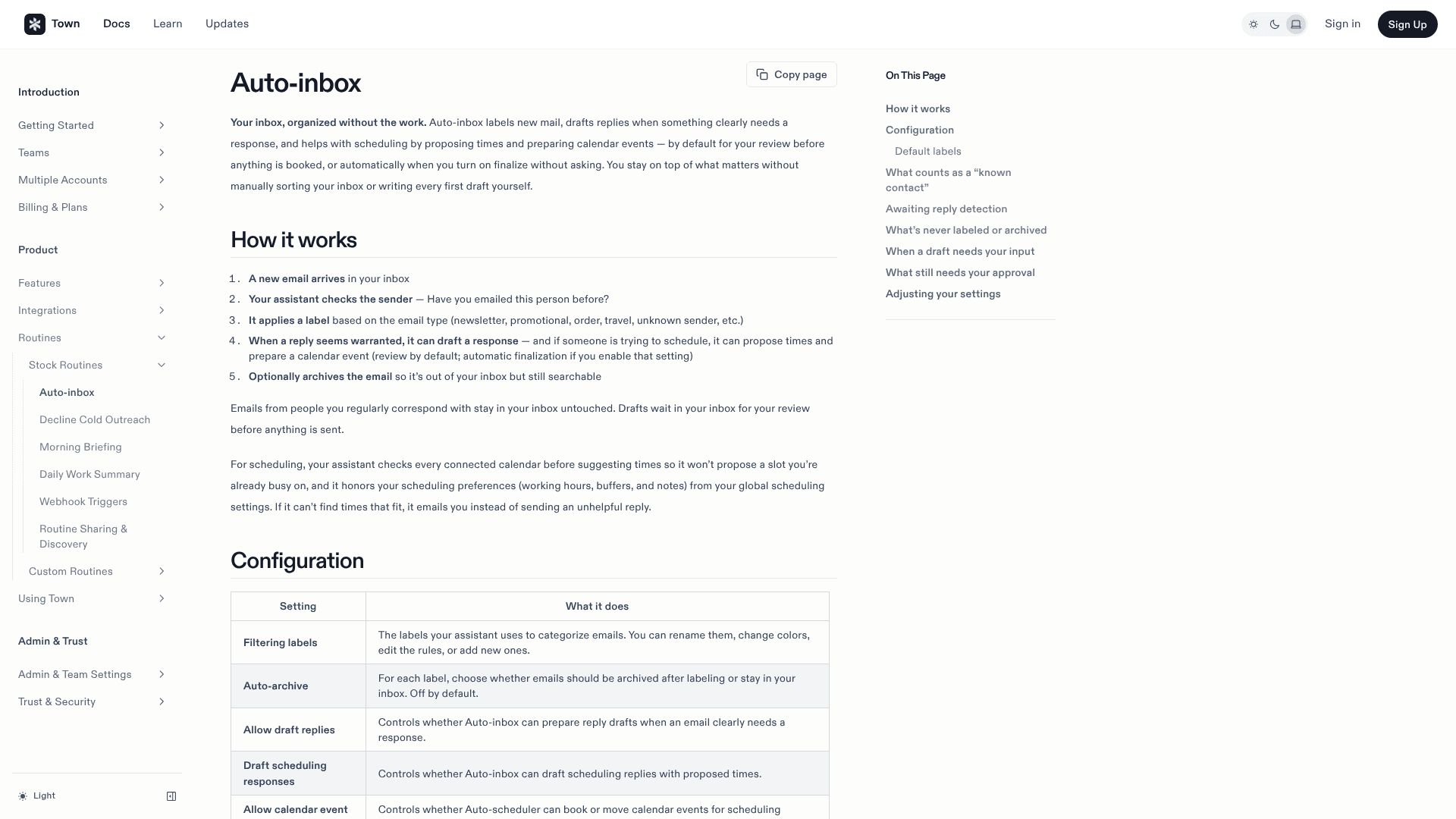 Town's Auto-inbox docs page showing the five steps from a new email arriving to an optional archive, plus the configuration table, as taken from Town's docs
