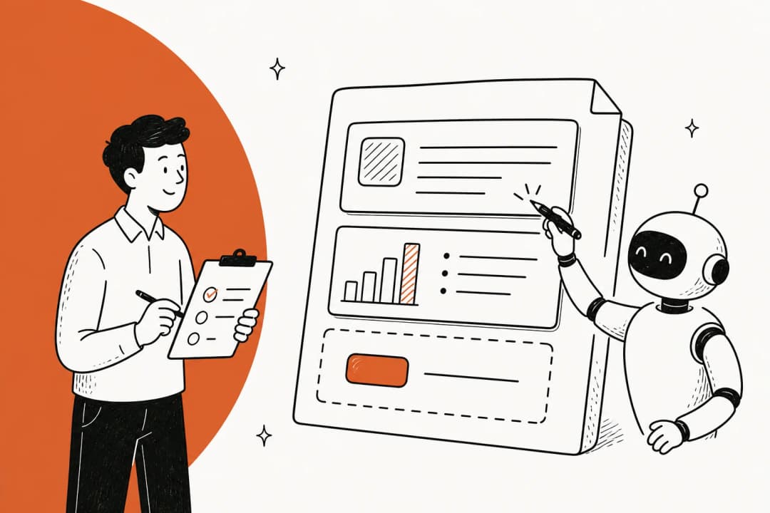 Hand-drawn illustration of a reviewer with a clipboard grading a document page made of a text block, a chart block, and a prompt button, while a friendly robot edits one block