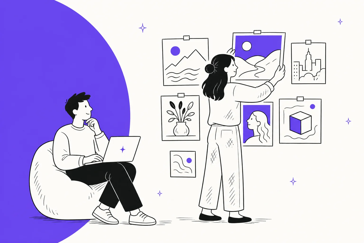 Editorial illustration of a designer arranging AI-generated image tiles on a wall, in electric violet and off-white