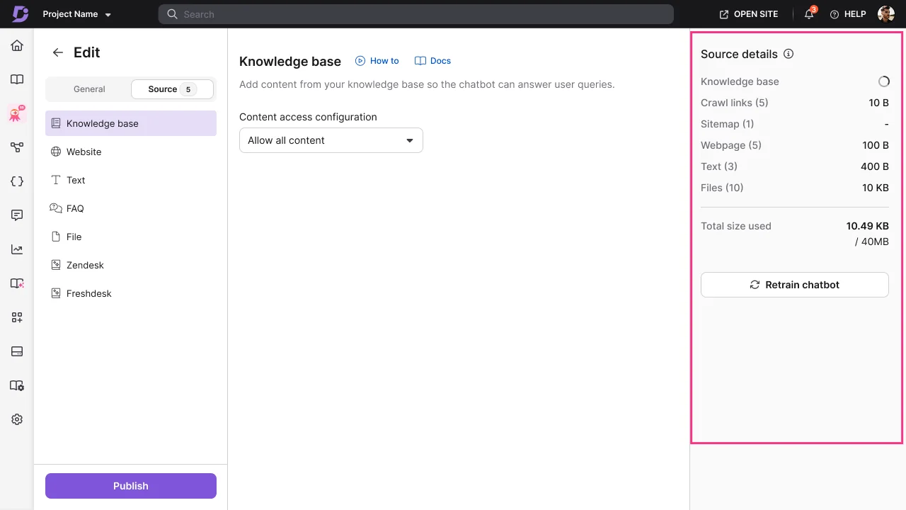 The Eddy AI Chatbot source configuration showing knowledge base, website, text, FAQ, file, Zendesk, and Freshdesk sources with a storage limit, as taken from Document360