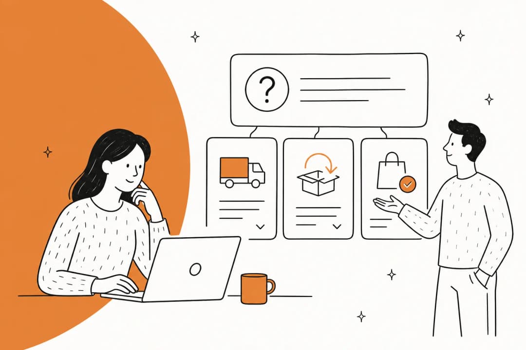 Illustrated help center showing common ecommerce FAQ questions about shipping, returns, and orders