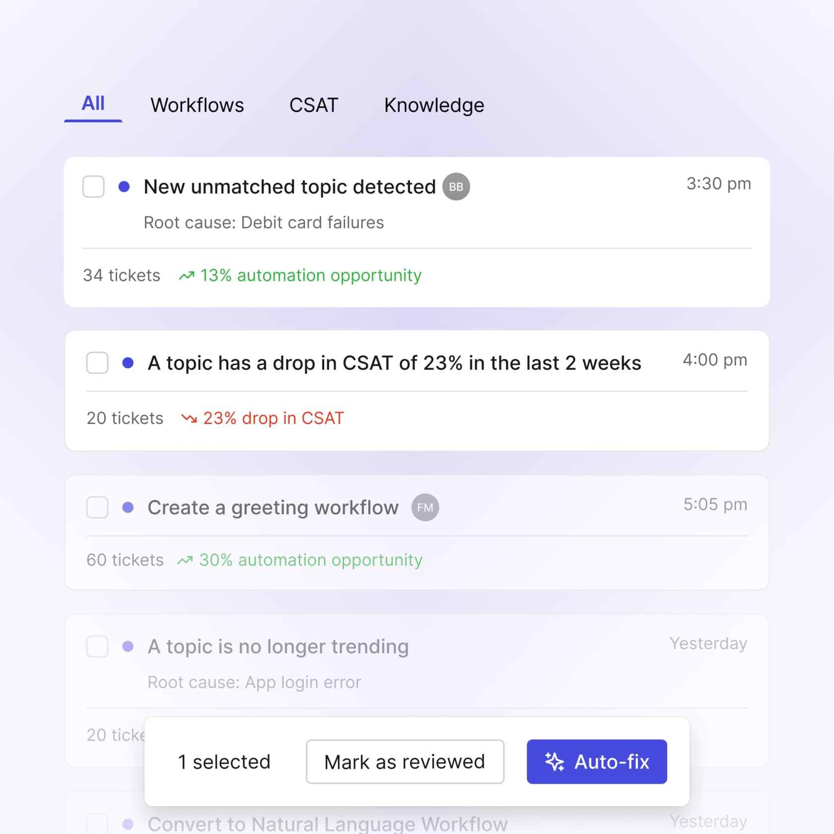 Lorikeet's Coach agent surfacing alerts like new unmatched topics and CSAT drops with an auto-fix option, as taken from Lorikeet