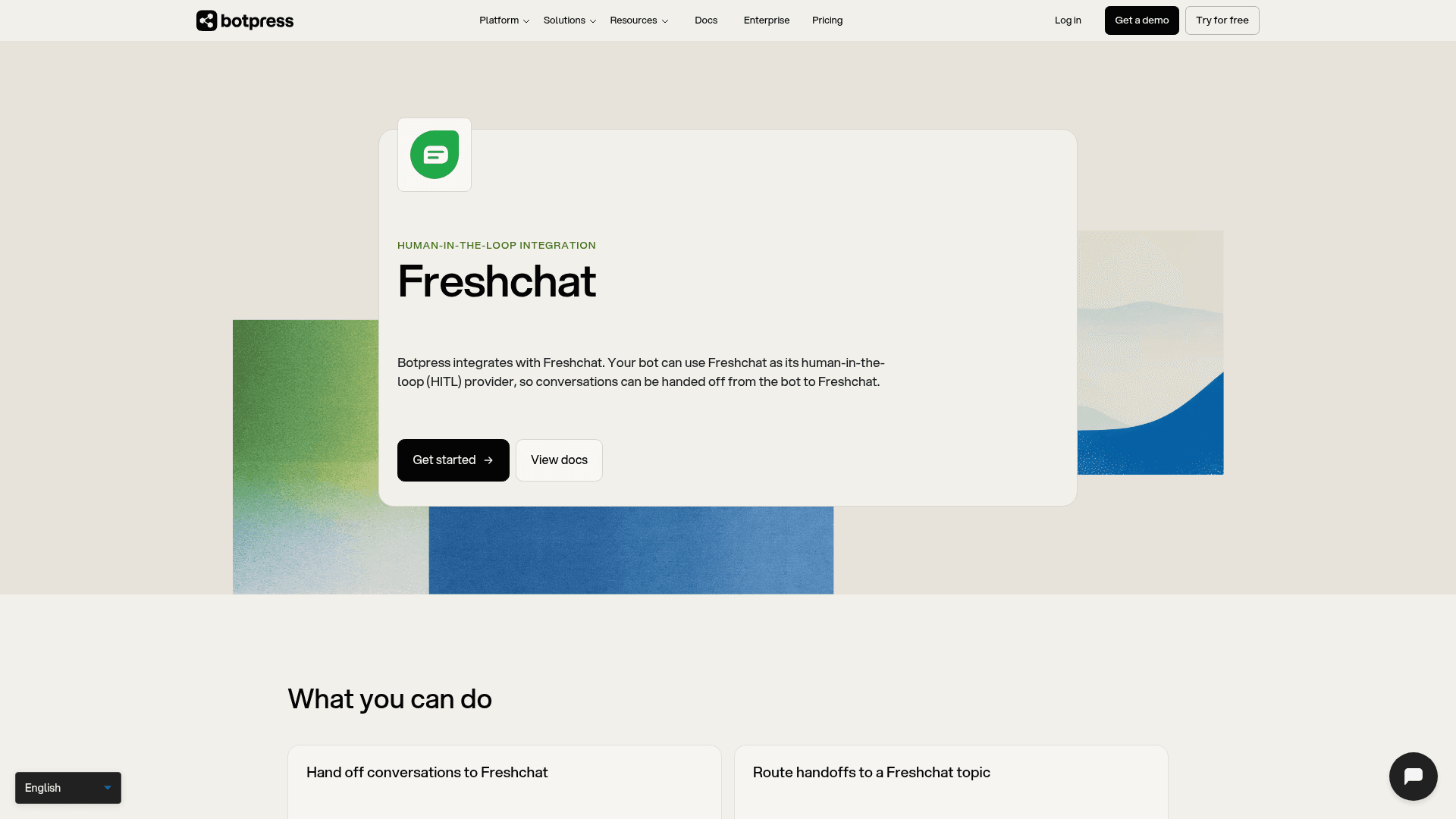 Botpress's Freshchat integration page describing human-in-the-loop handoff, as taken from Botpress