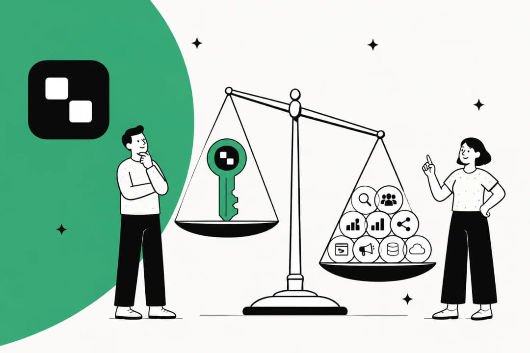 A hand-drawn illustration of two people weighing a single green key against a pile of tool icons on a balance scale, with the Treg logo in the corner