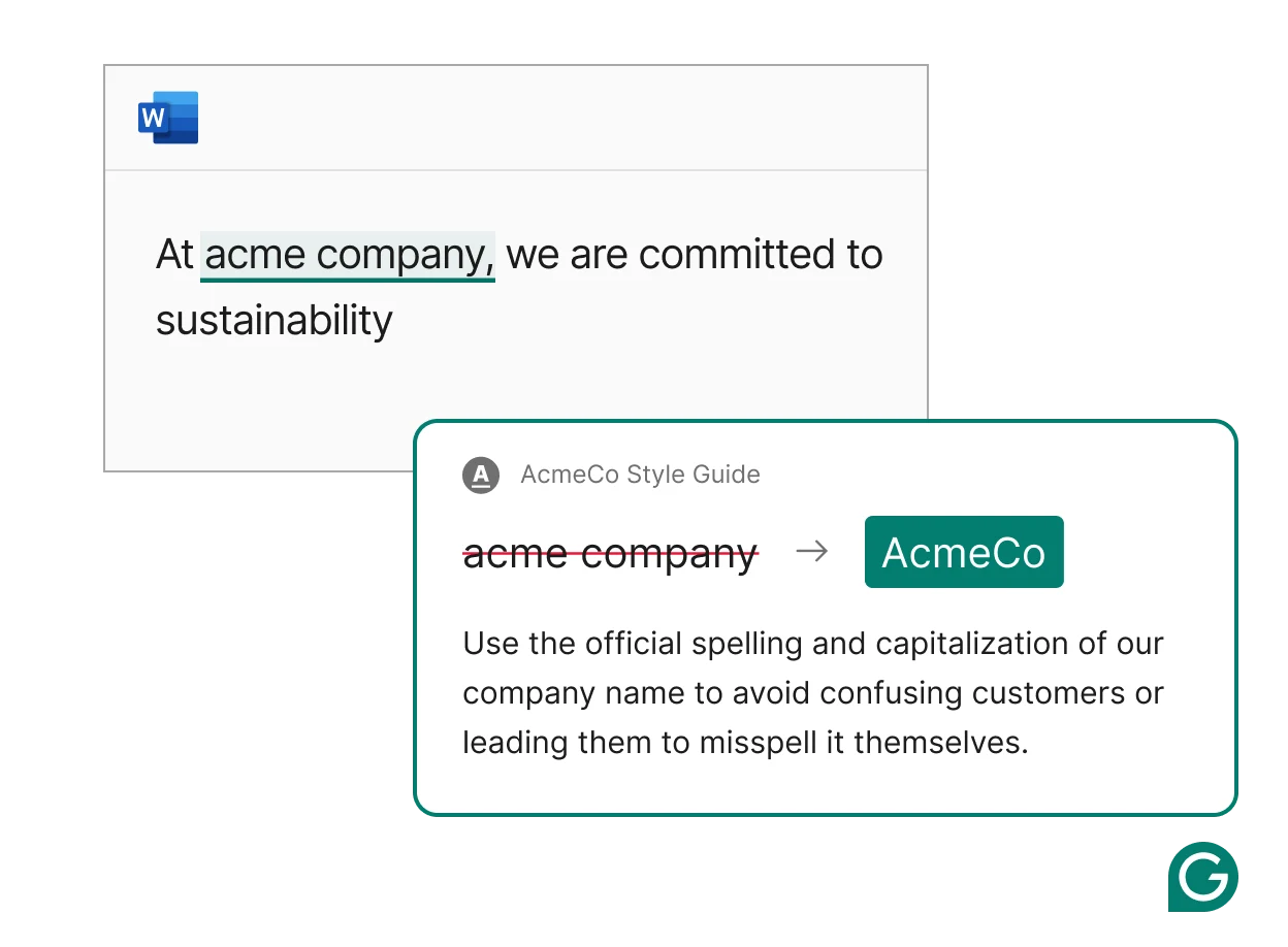 Grammarly style guide card replacing acme company with AcmeCo and explaining the company's official spelling rule, as taken from Grammarly