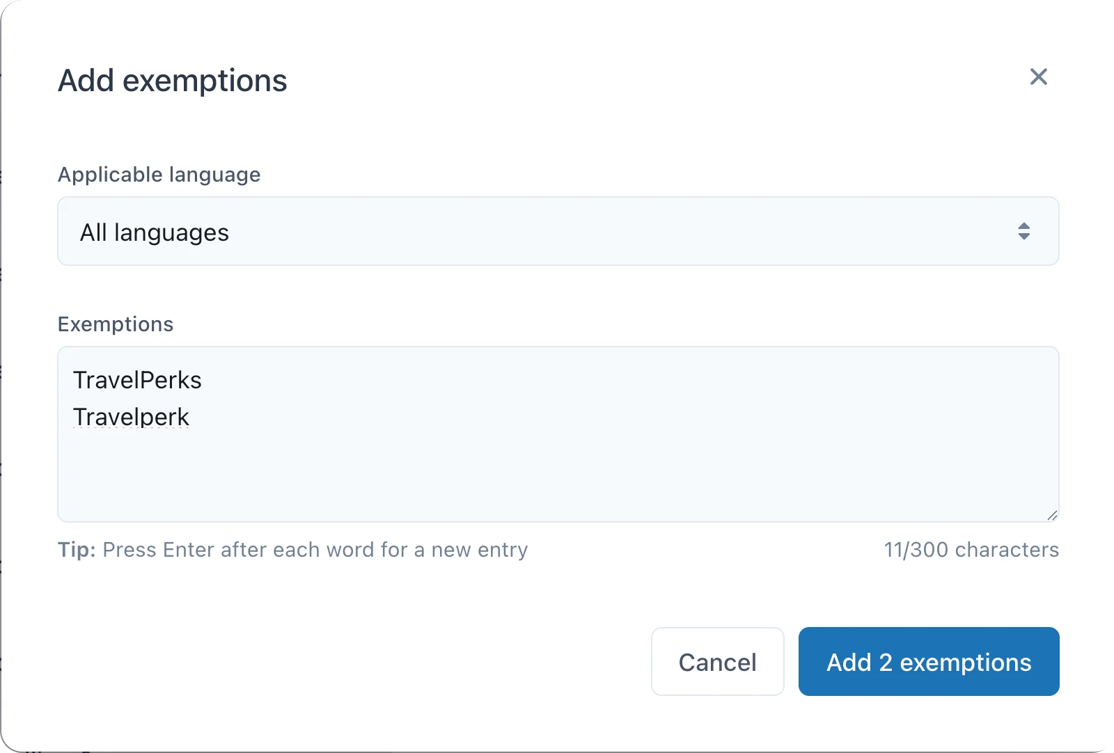 Zendesk QA Add exemptions dialog with an Applicable language dropdown set to All languages and two brand spellings entered as exemptions, as taken from Zendesk's help center