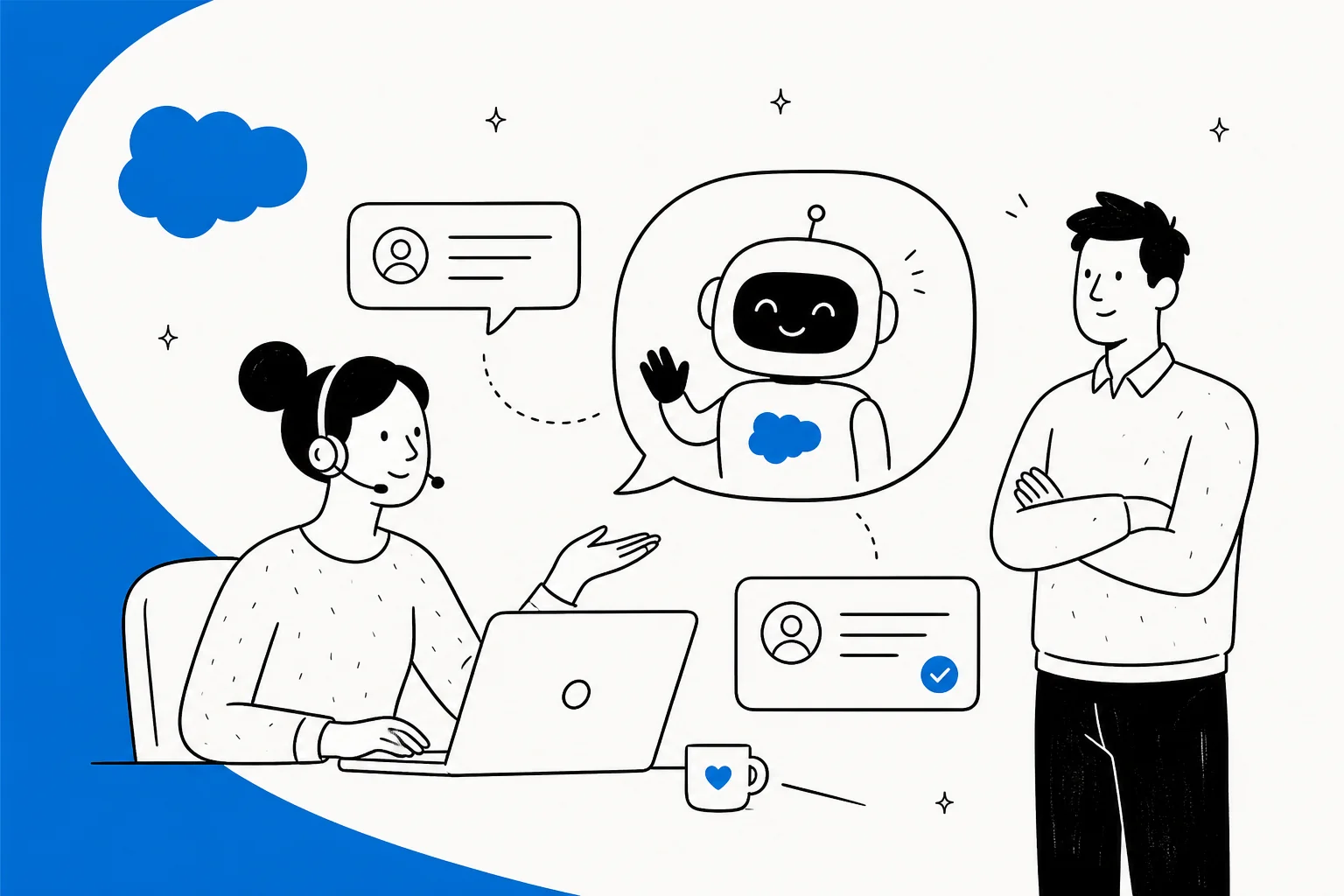 Illustration of an AI chatbot connected to Salesforce Service Cloud