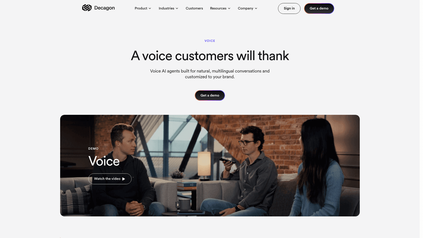 The Decagon Voice product page with the headline "A voice customers will thank" and a demo video thumbnail, as taken from Decagon