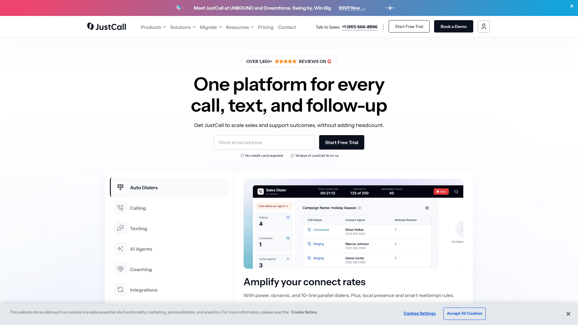 JustCall homepage showing its cloud phone system and sales dialer, as taken from JustCall