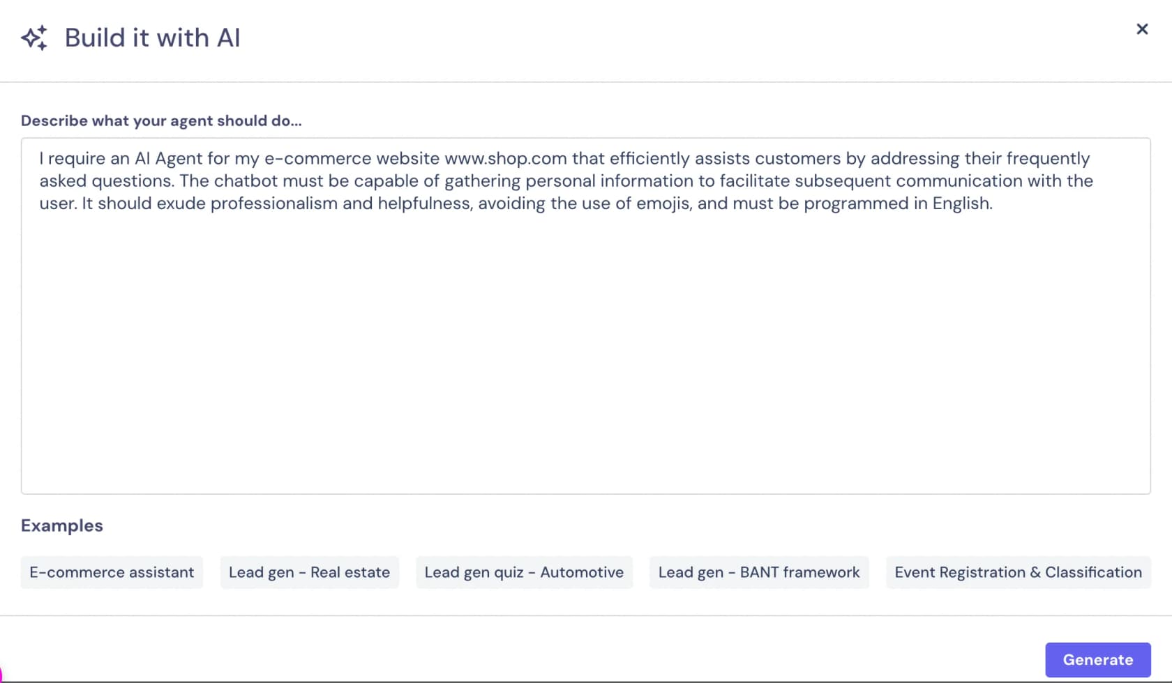 The Build it with AI window in Landbot with a description of an e-commerce FAQ agent and example presets for e-commerce, real estate, automotive, BANT and event registration, as taken from the Landbot help center