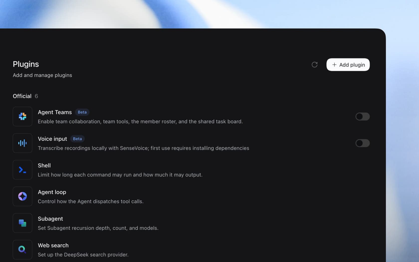 The DeepSeek Harness plugin manager listing official plugins such as Agent Teams, Voice input, Shell, Agent loop, Subagent and Web search, with an Add plugin button, as taken from DeepSeek