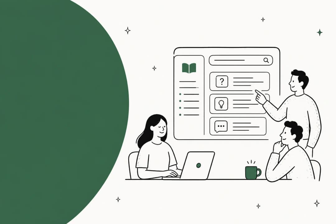 Illustration of a team reviewing an online knowledge base help center on a shared screen