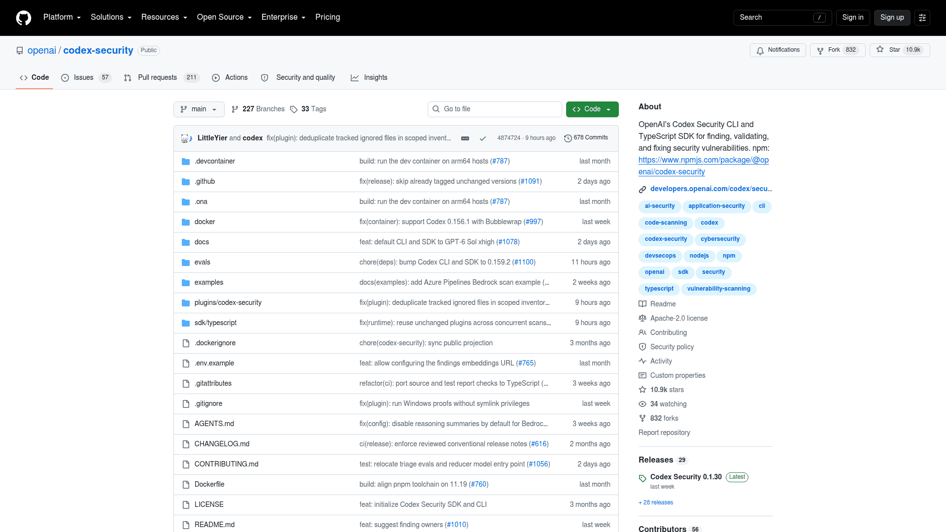 The openai/codex-security repository on GitHub, showing the Apache-2.0 license, 10.9k stars, 832 forks and the plugins and SDK folders, as captured from GitHub