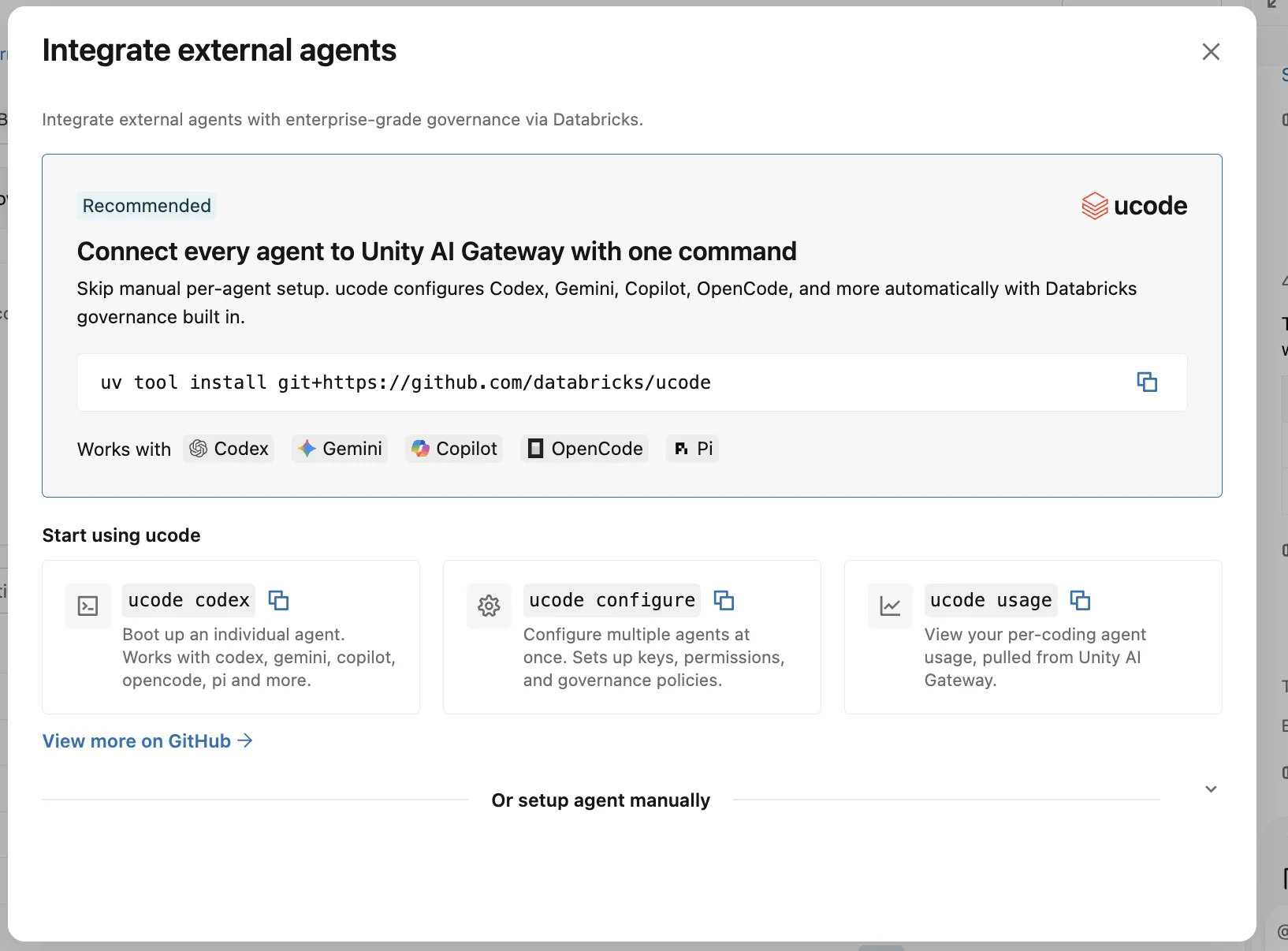 Databricks' "Integrate external agents" panel showing Inkling reachable through the Unity AI Gateway with one command, working with coding agents like Codex, Gemini, Copilot, OpenCode and Pi, as shown on the Databricks blog