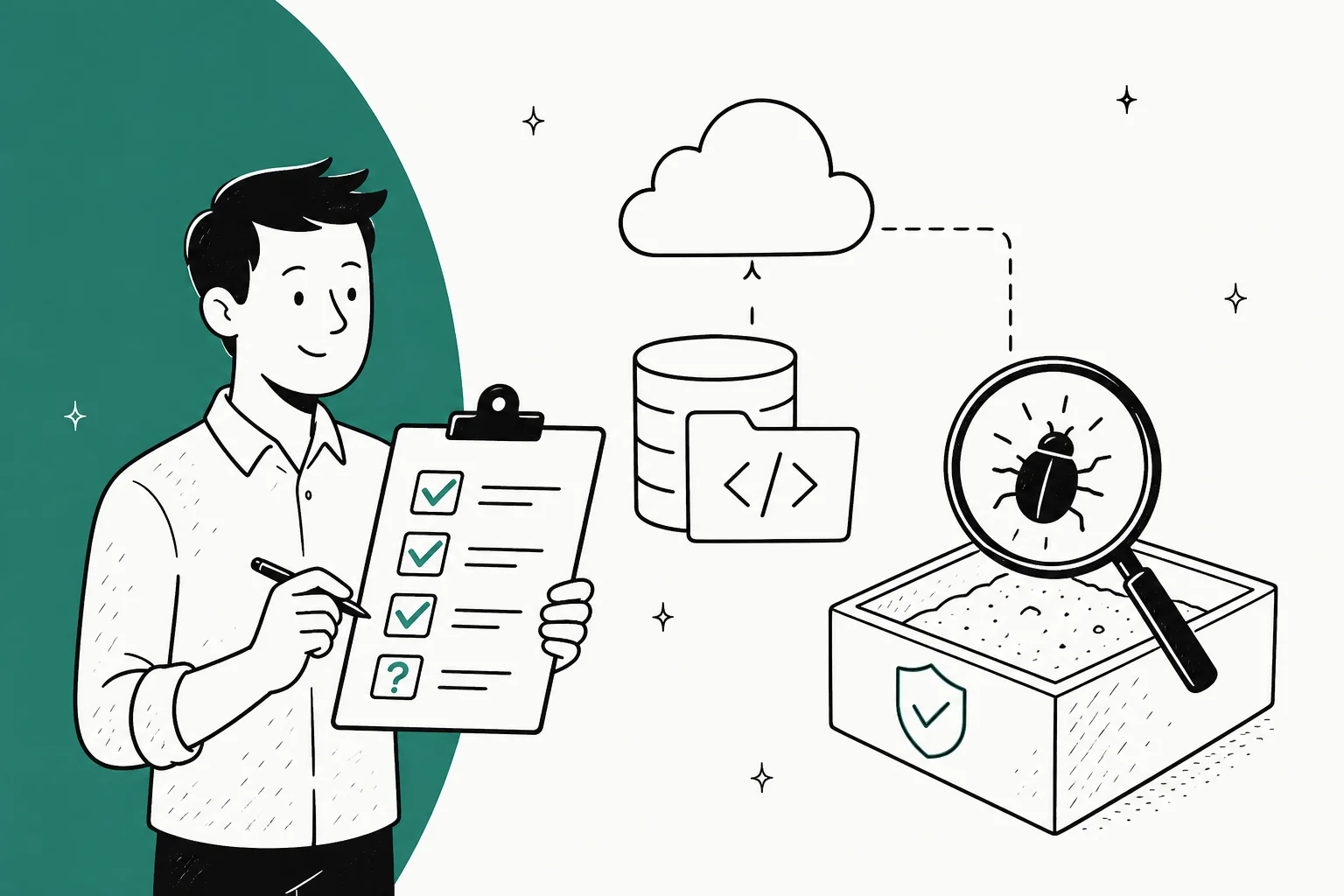 Hand-drawn illustration of a reviewer holding a scorecard with three ticks and a question mark, next to a cloud-connected code repository and a magnifying glass over a bug inside a shielded sandbox box