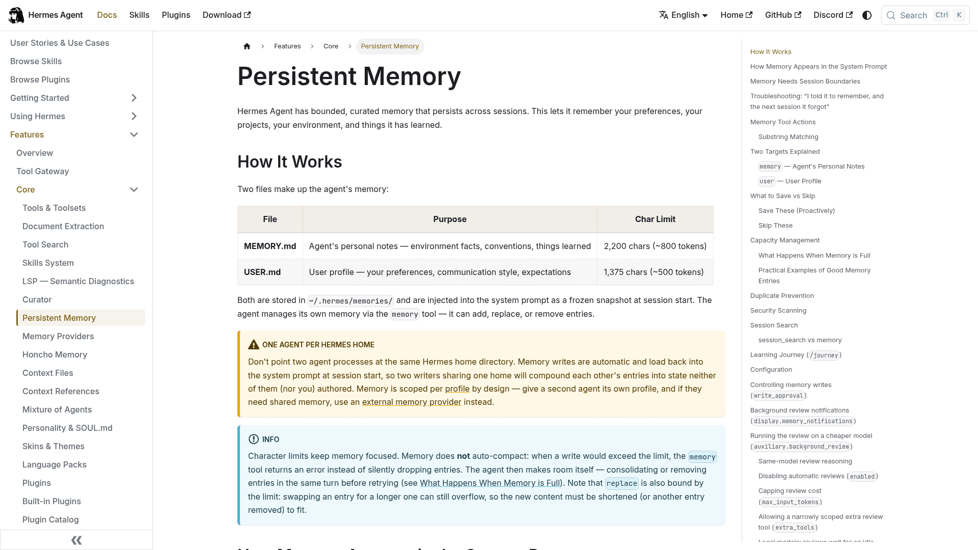 Hermes Agent Persistent Memory docs showing the MEMORY.md and USER.md character limits and a warning not to point two agent processes at the same Hermes home directory, as taken from Hermes Agent docs