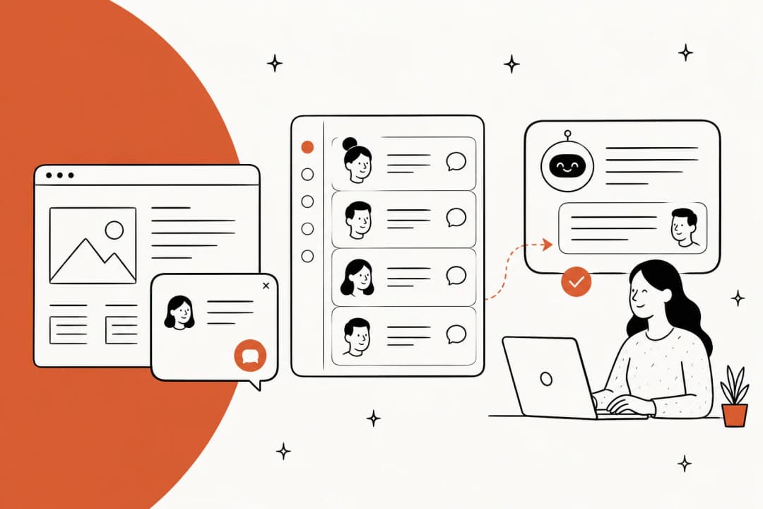 Illustrated banner showing a website chat widget, a queue of live chat conversations and an AI assistant answering them