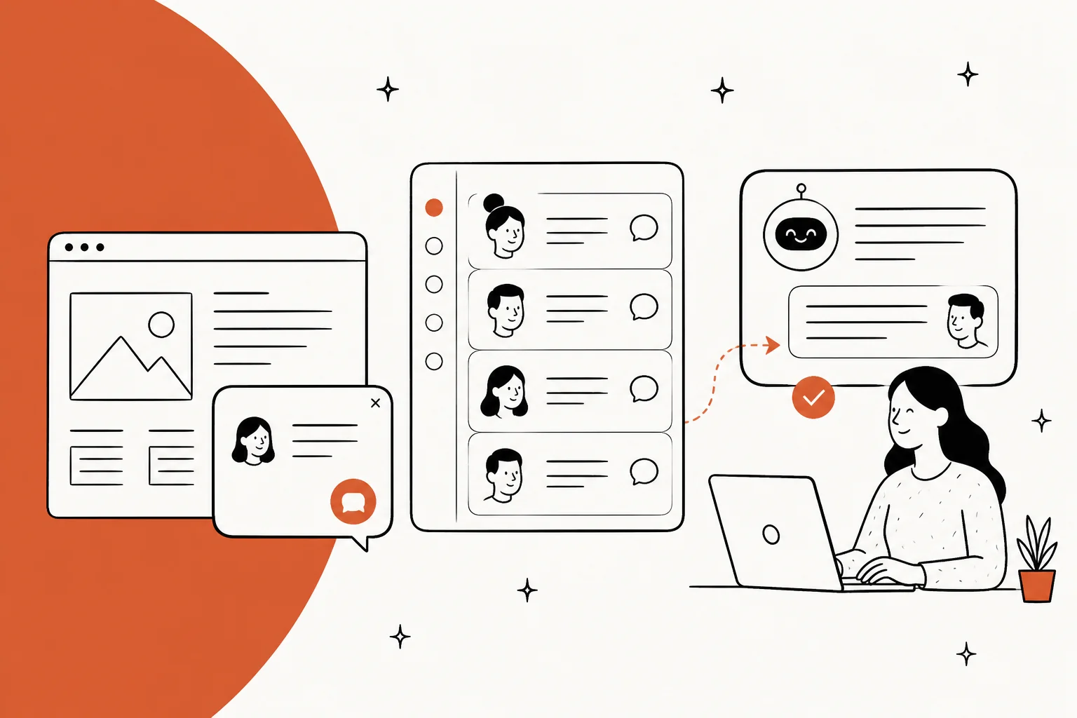 Illustrated banner showing a website chat widget, a queue of live chat conversations and an AI assistant answering them